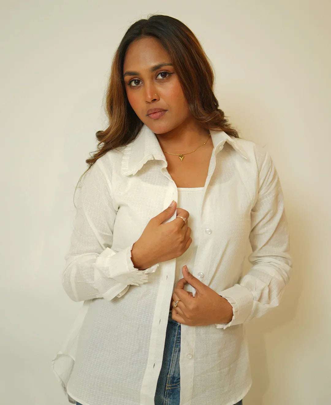 The Up & Down Elegance (Self Checks Cotton Based Pleated on Neck & Sleeves Shirt with Up & Down Elegance)