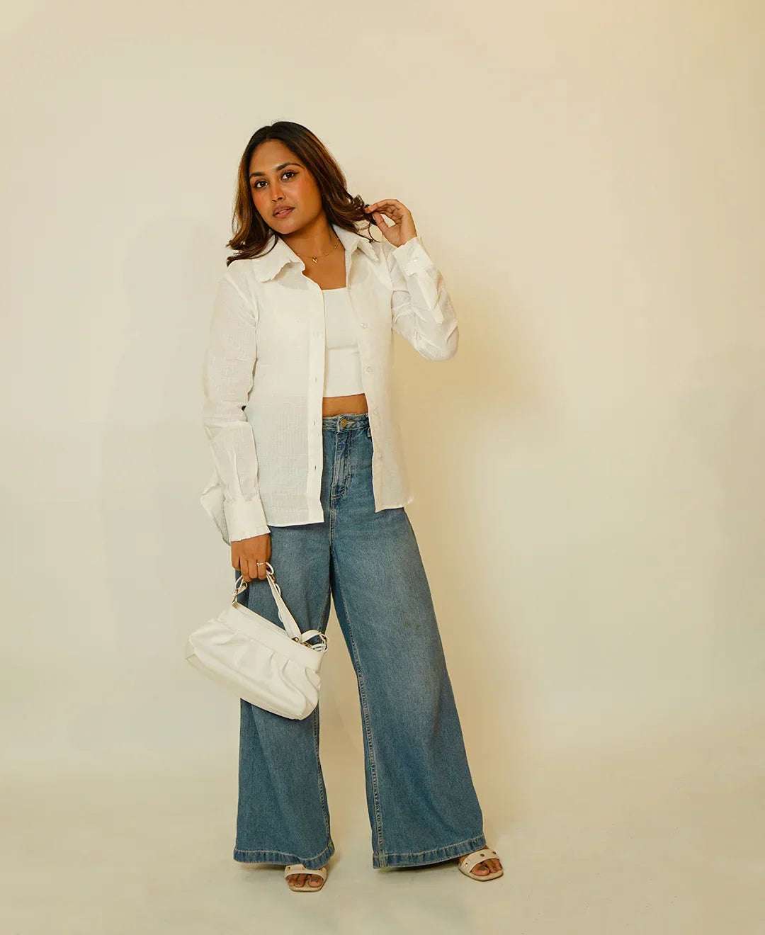 The Up & Down Elegance (Self Checks Cotton Based Pleated on Neck & Sleeves Shirt with Up & Down Elegance)