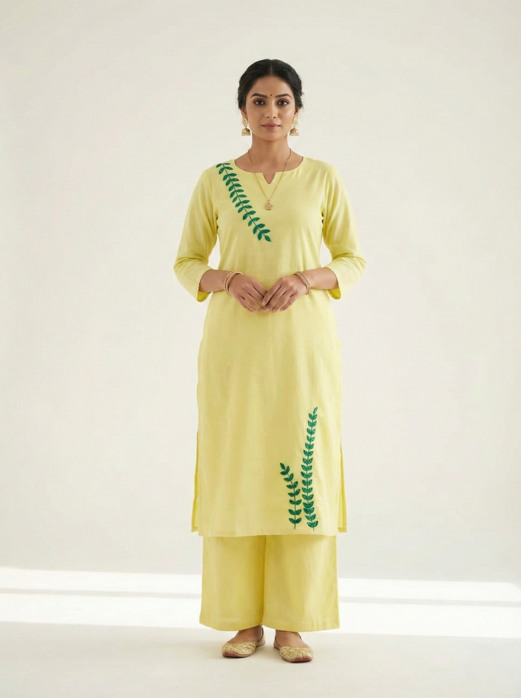 Yellow and Green Leaf Kurta Set