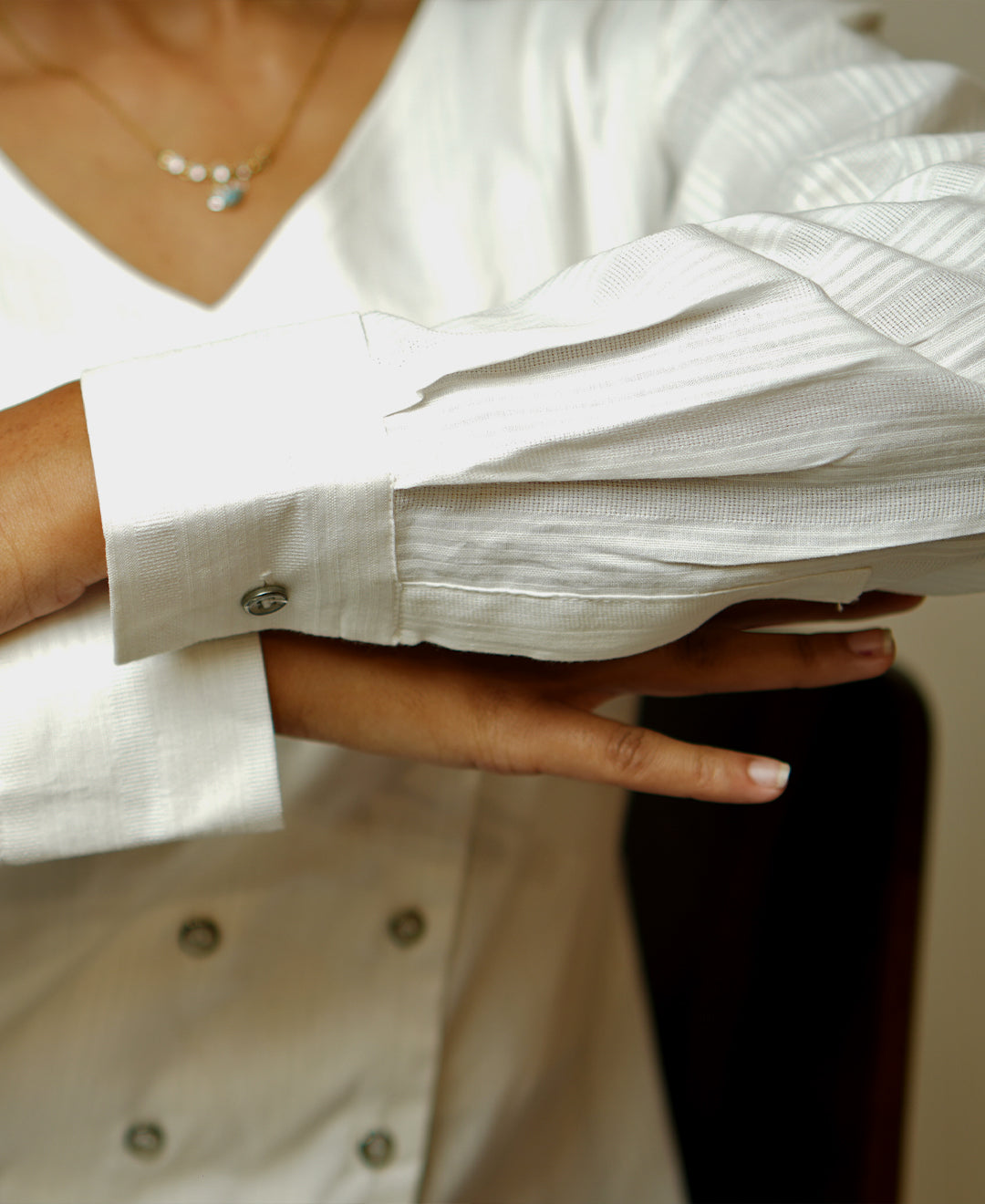 The Edge Cut (Self Line Cotton V Neck Shape with Edge Cut on Double Breasted Button Shirt)
