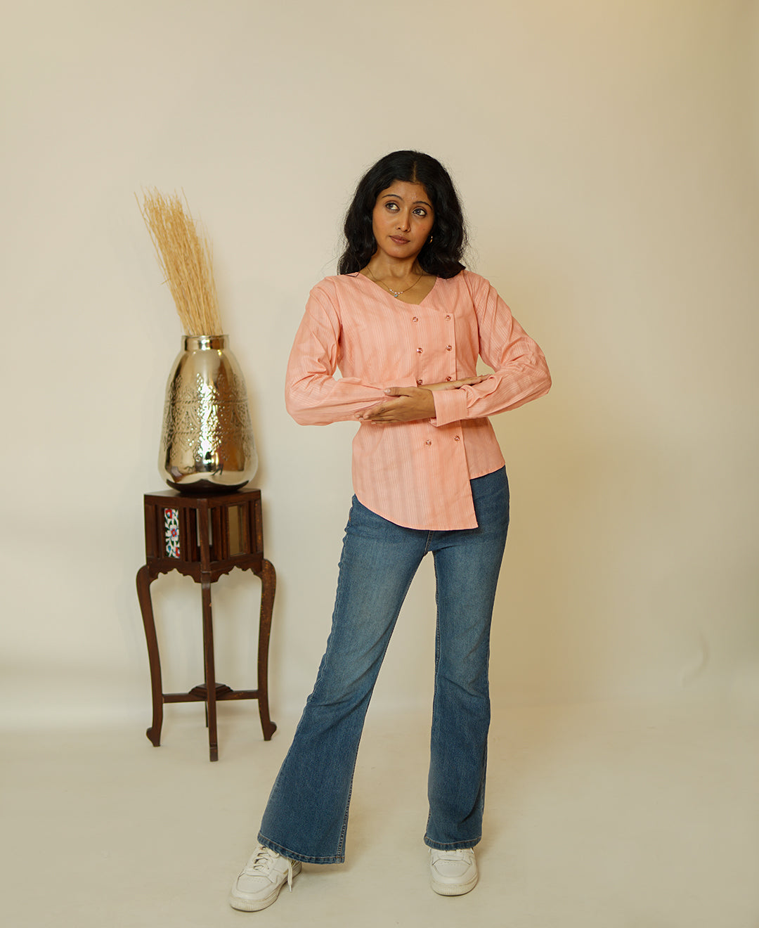 The Edge Cut (Self Line Cotton V Neck Shape with Edge Cut on Double Breasted Button Shirt)