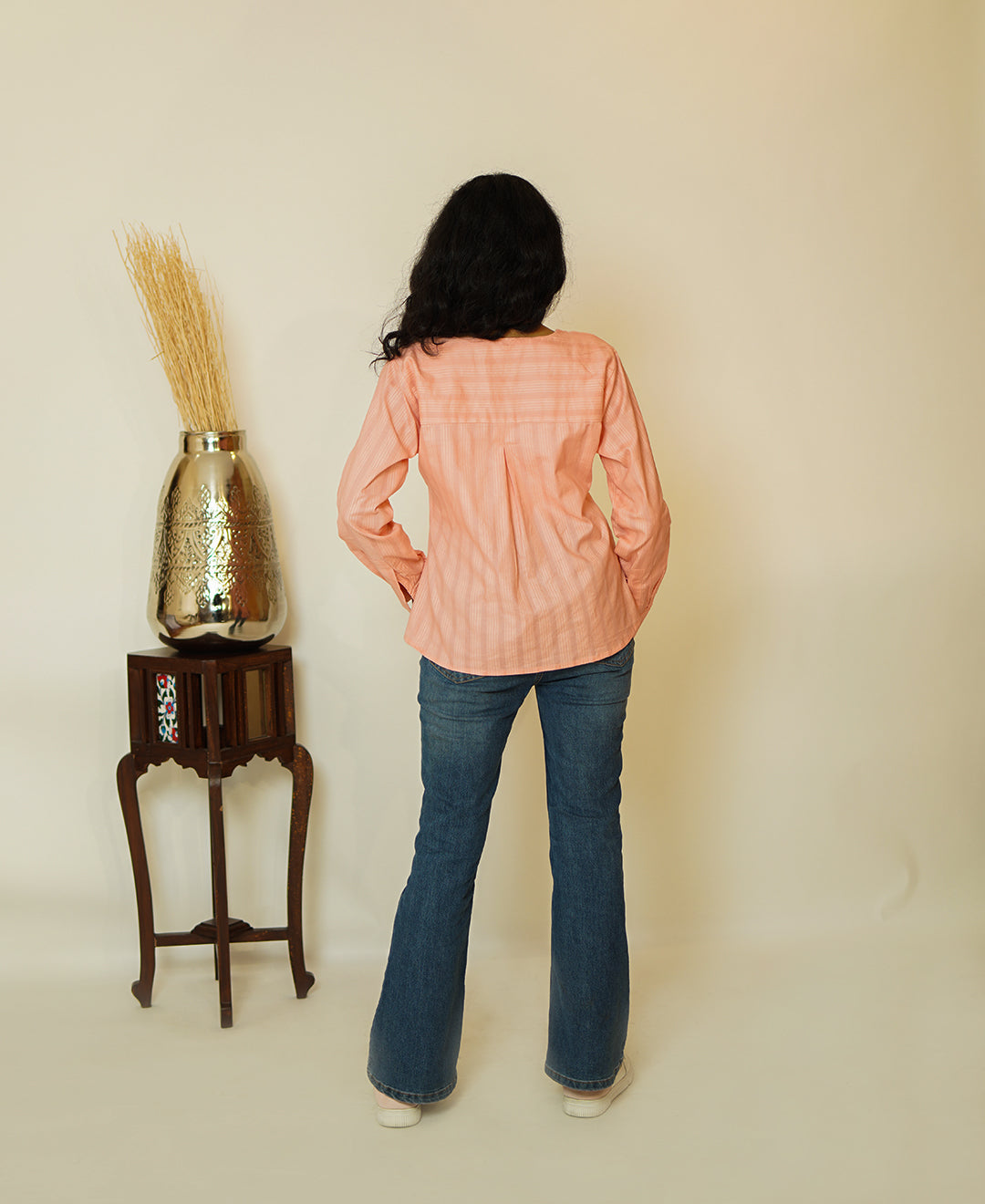 The Edge Cut (Self Line Cotton V Neck Shape with Edge Cut on Double Breasted Button Shirt)