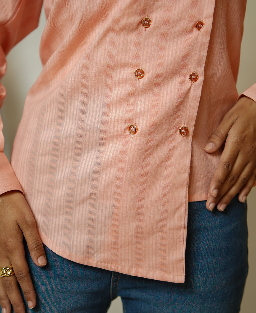 The Edge Cut (Self Line Cotton V Neck Shape with Edge Cut on Double Breasted Button Shirt)