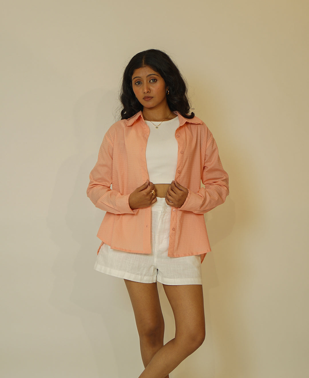 The Up & Down Elegance (Self Checks Cotton Based Pleated on Neck & Sleeves Shirt with Up & Down Elegance)