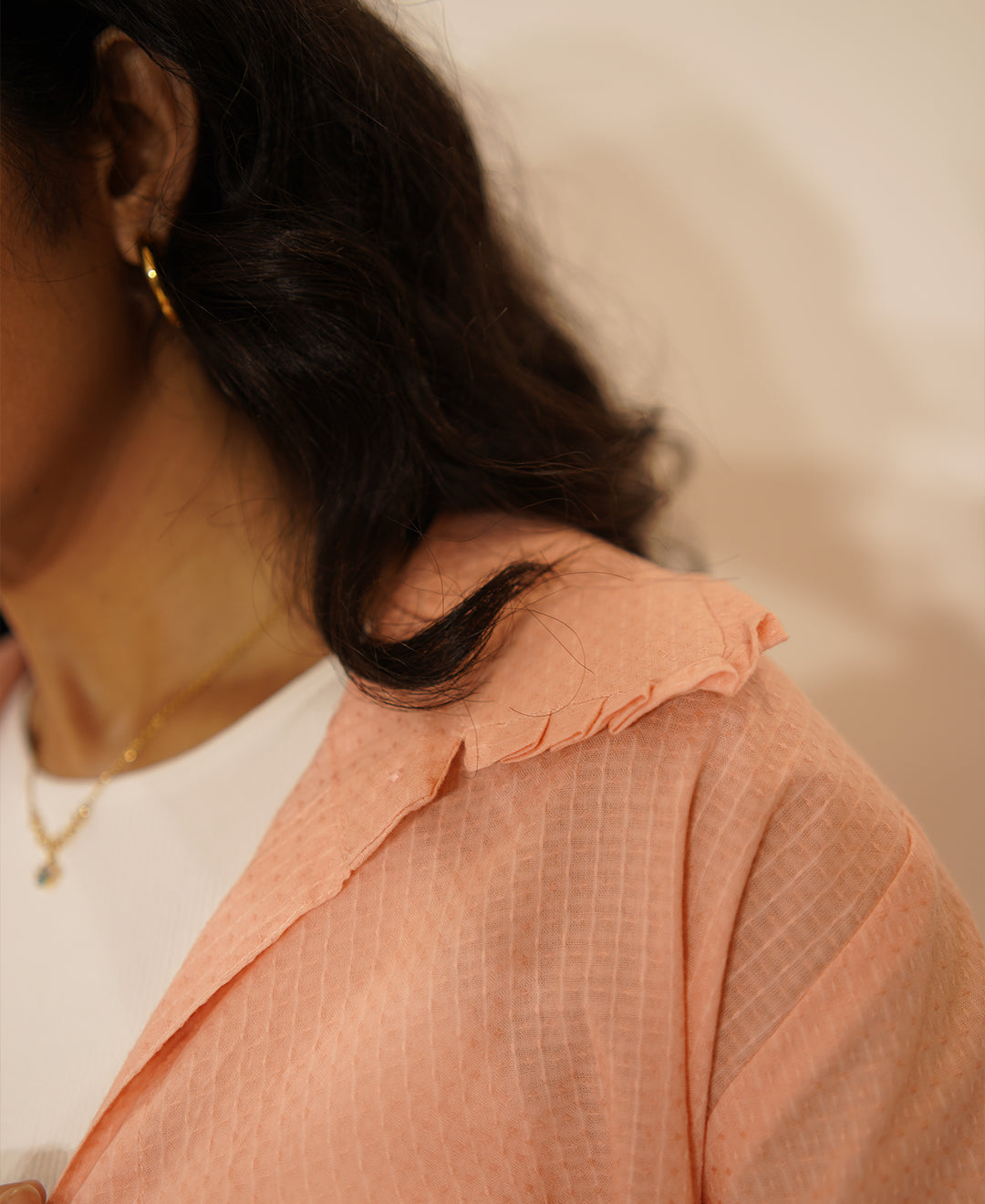 The Up & Down Elegance (Self Checks Cotton Based Pleated on Neck & Sleeves Shirt with Up & Down Elegance)