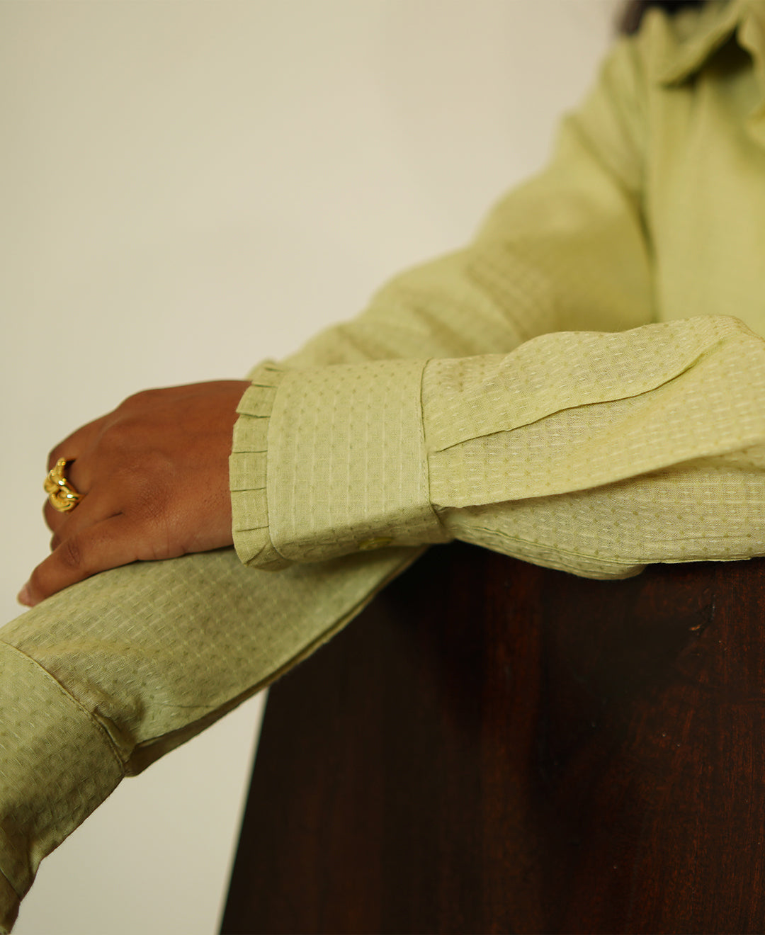 The Up & Down Elegance (Self Checks Cotton Based Pleated on Neck & Sleeves Shirt with Up & Down Elegance)