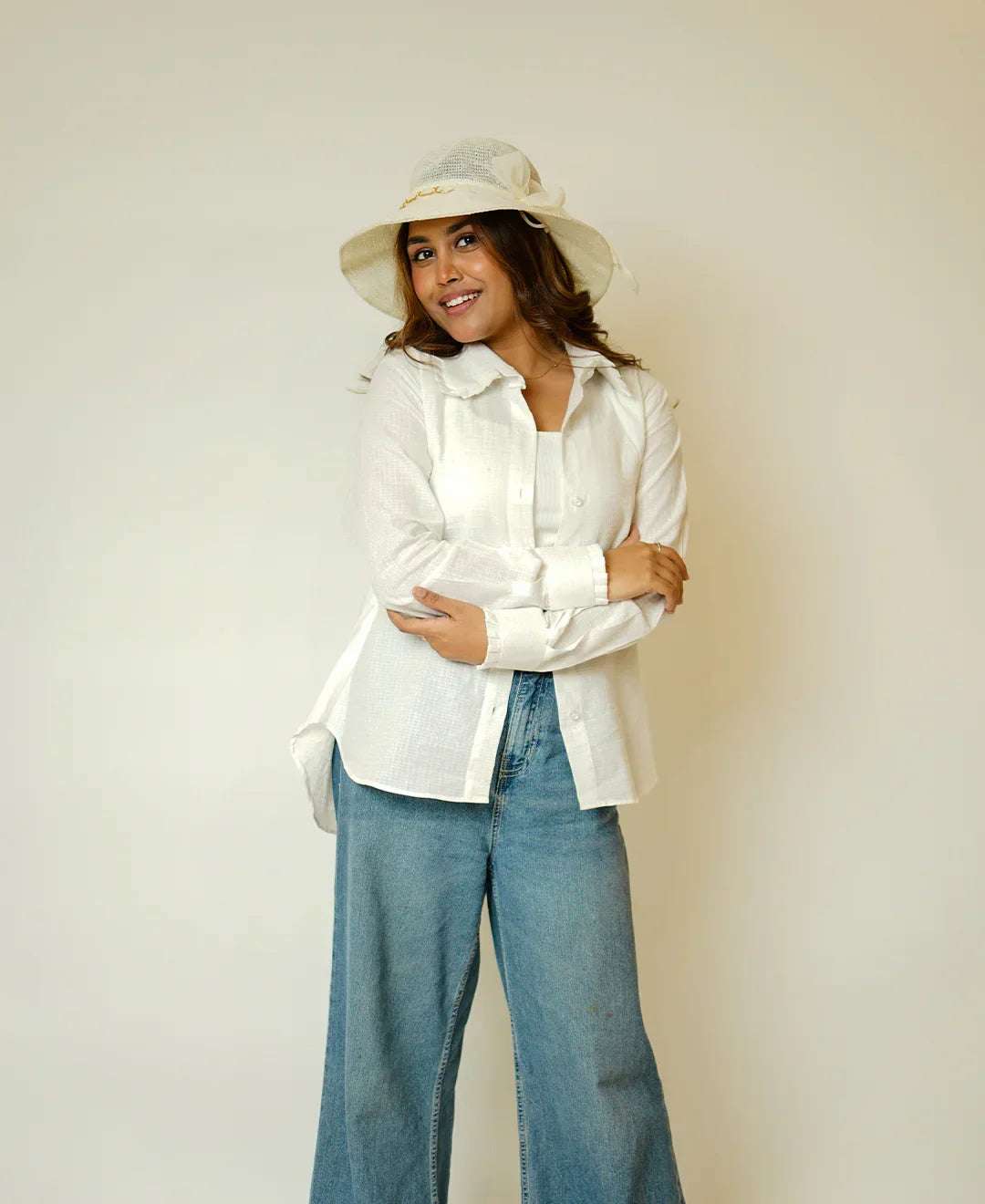 The Up & Down Elegance (Self Checks Cotton Based Pleated on Neck & Sleeves Shirt with Up & Down Elegance)