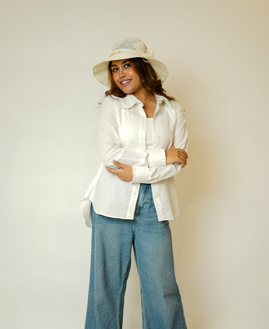 The Up & Down Elegance (Self Checks Cotton Based Pleated on Neck & Sleeves Shirt with Up & Down Elegance)