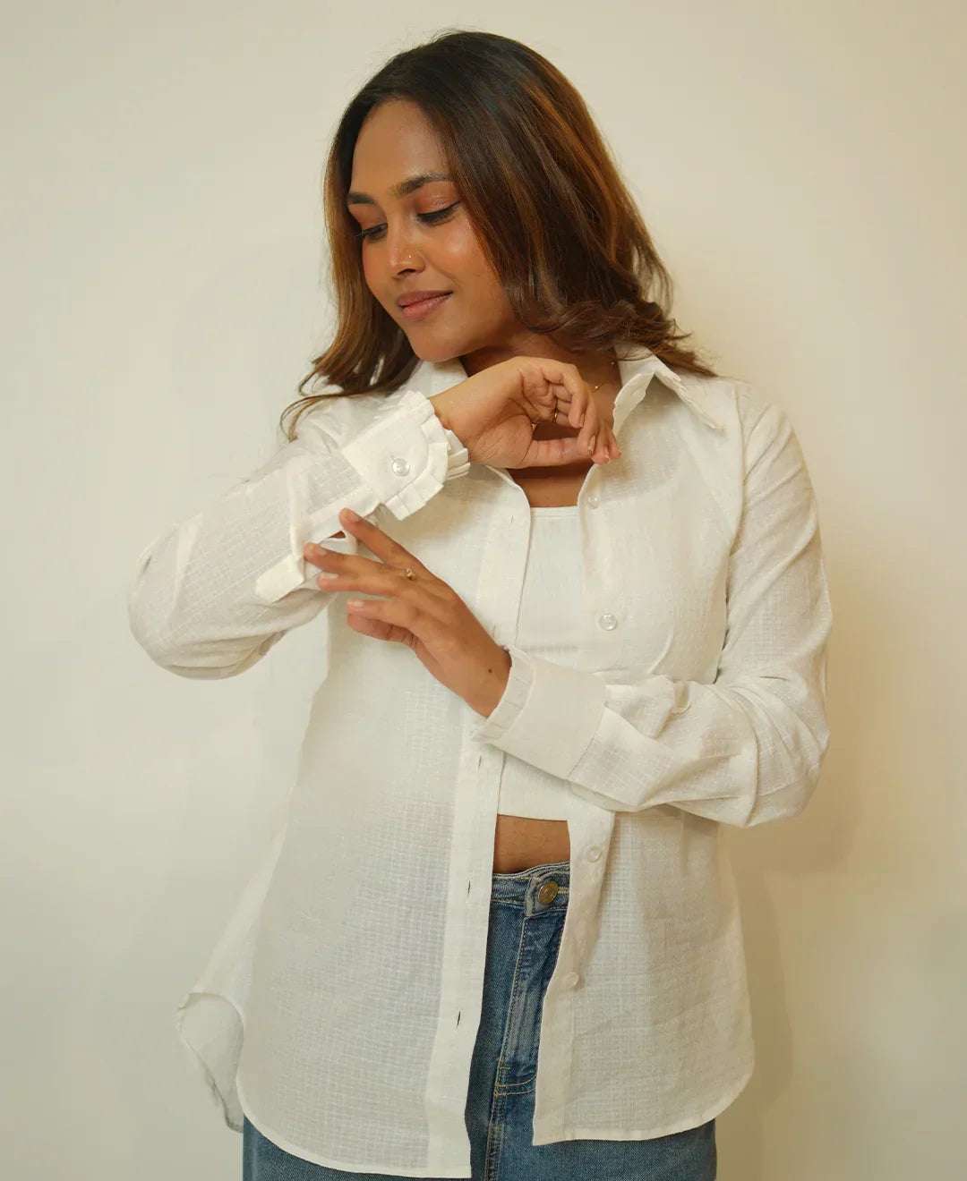 The Up & Down Elegance (Self Checks Cotton Based Pleated on Neck & Sleeves Shirt with Up & Down Elegance)