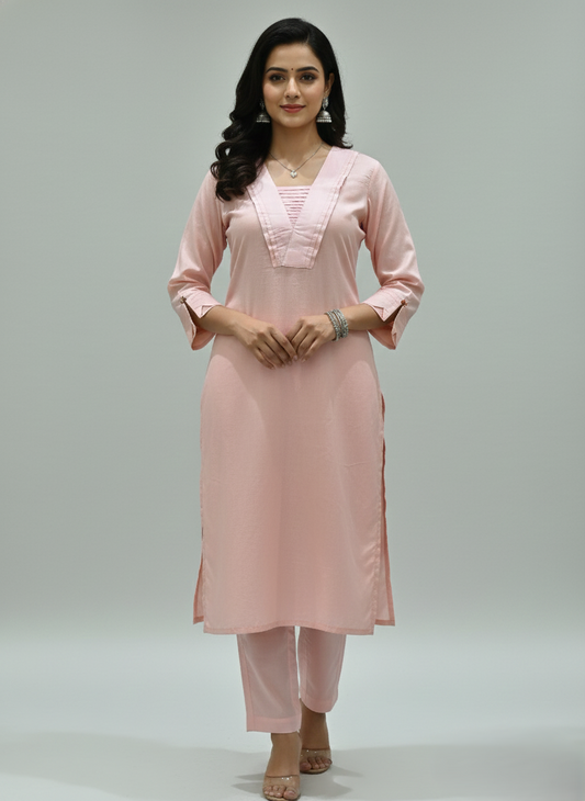 Pleated V Neck Melon Kurta