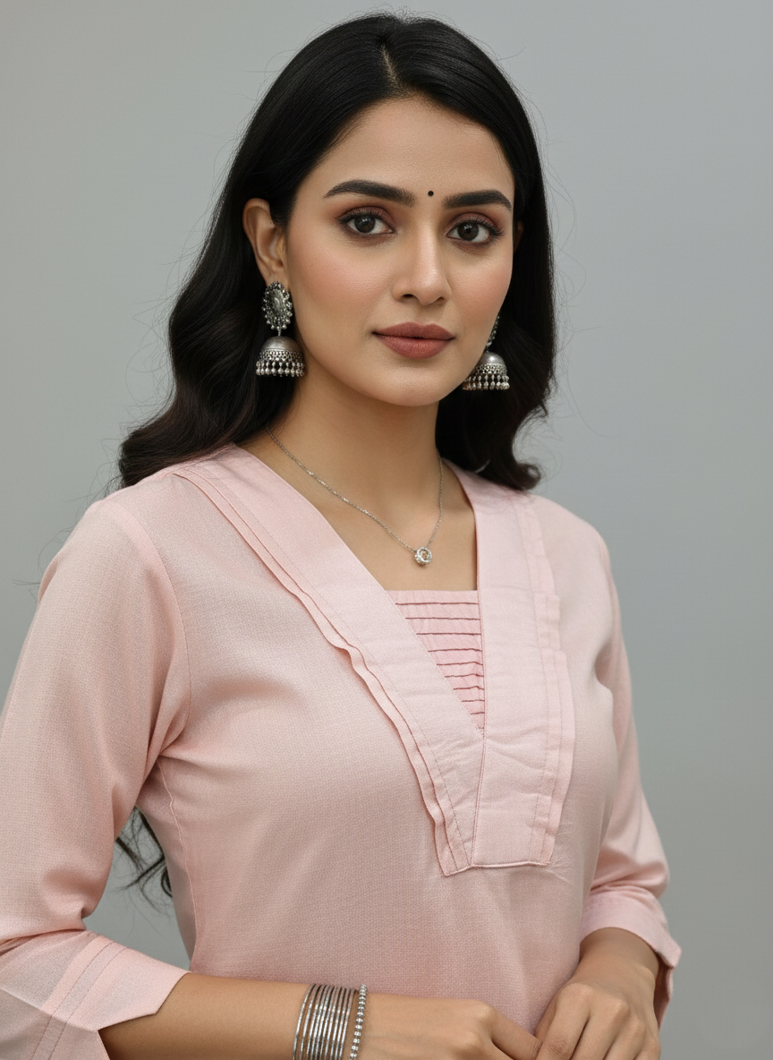 Pleated V Neck Melon Kurta