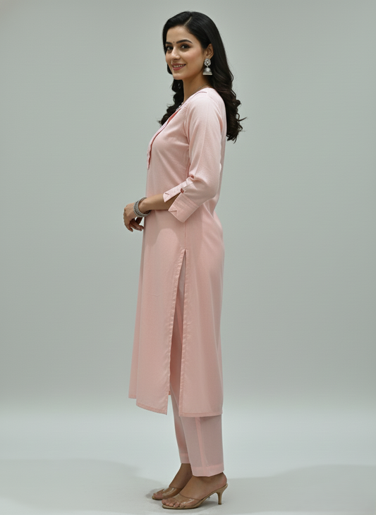 Pleated V Neck Melon Kurta