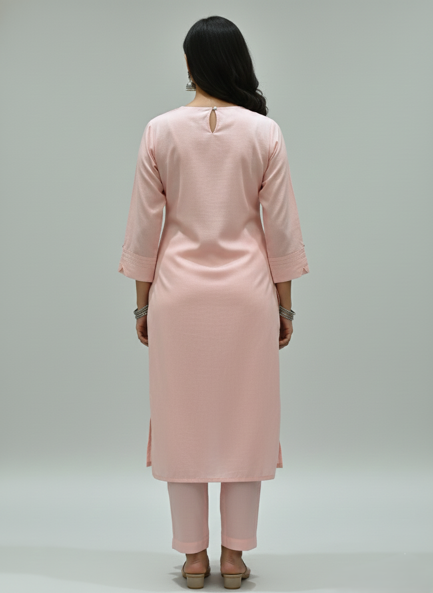 Pleated V Neck Melon Kurta