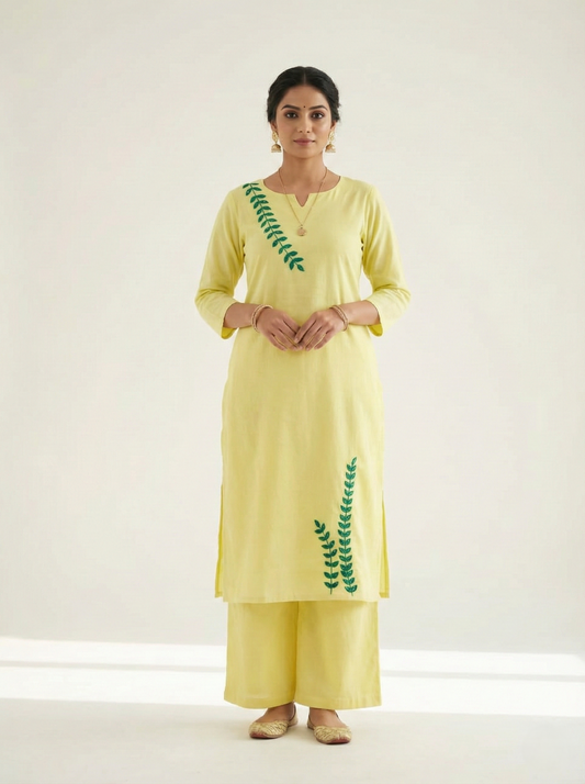 Yellow and Green Leaf Kurta Set