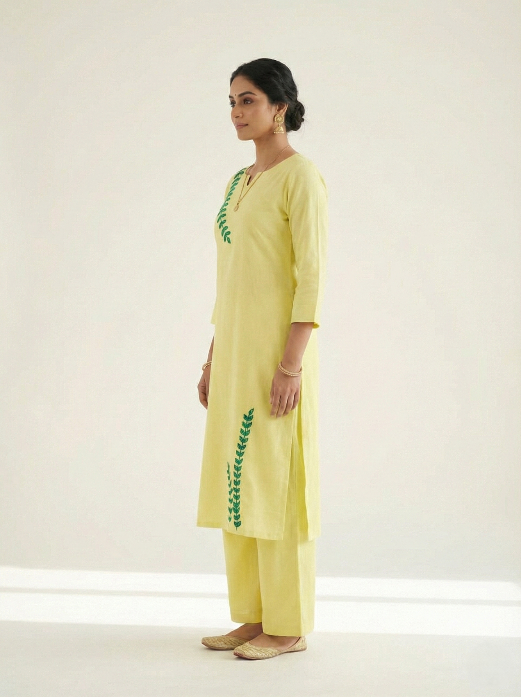 Yellow and Green Leaf Kurta Set