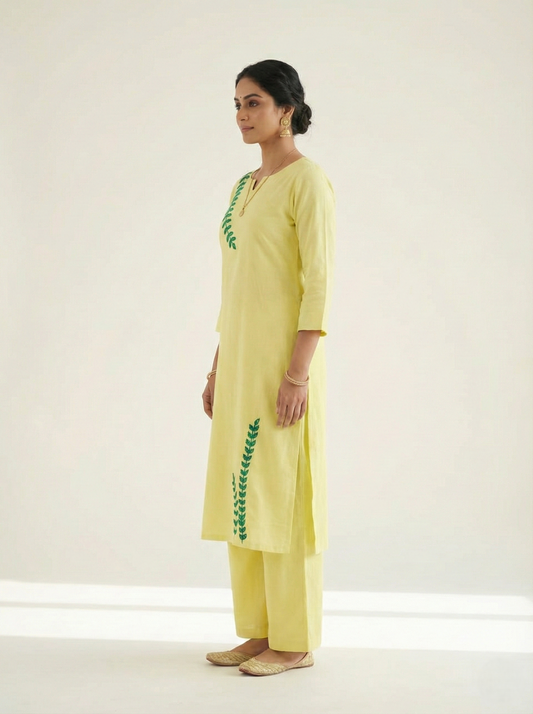 Yellow and Green Leaf Kurta Set